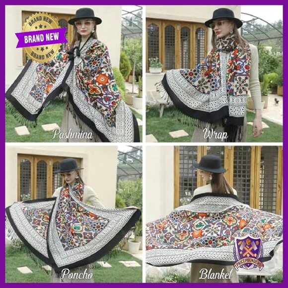 Oversized 100% Merino Wool Pashmina Wrap Blanket Shawl for Women - Picture 6 of 8